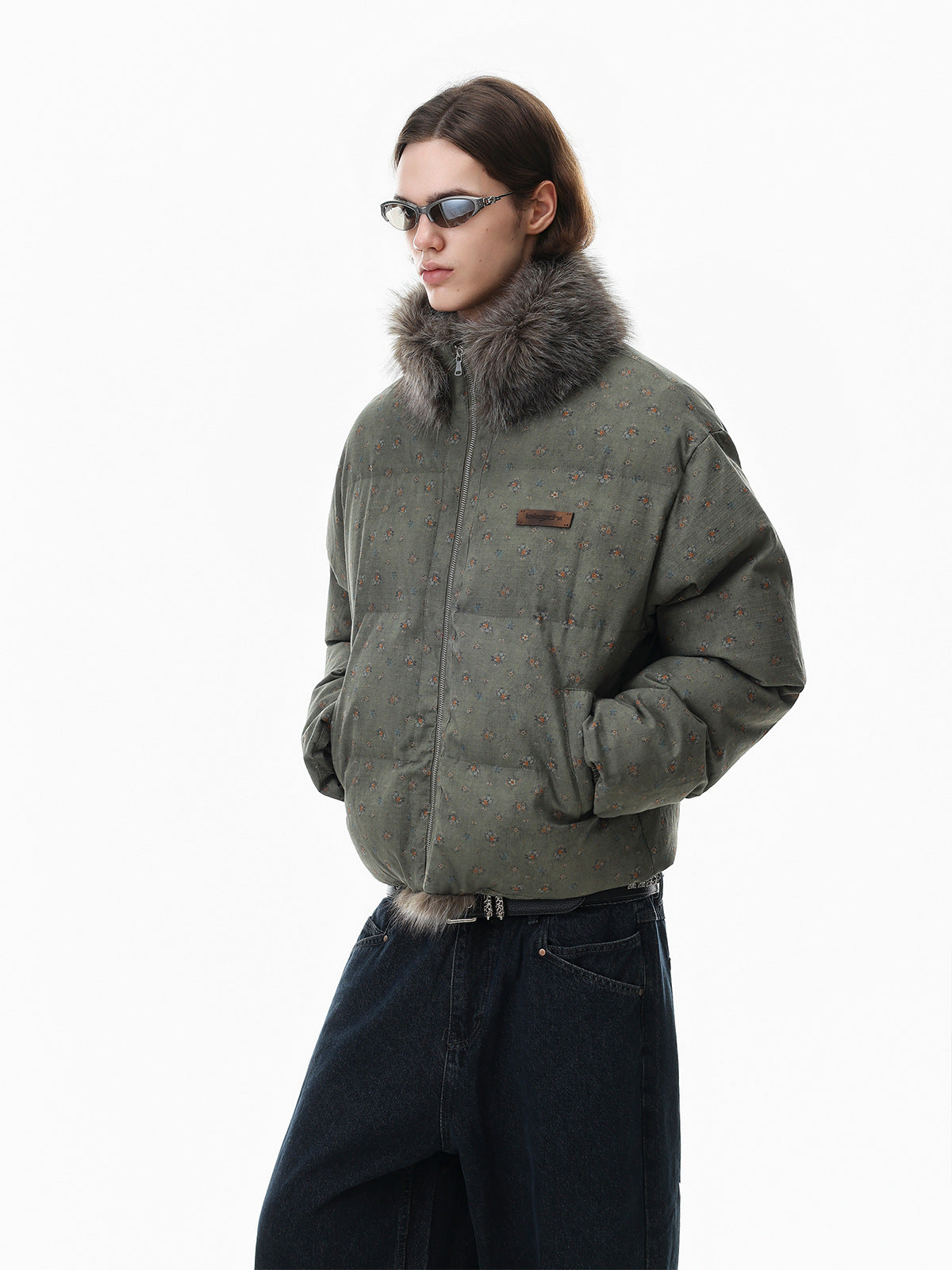 Floral Print Puffer Jacket with Faux Fur Collar – Cropped Fit Men's Winter Coat