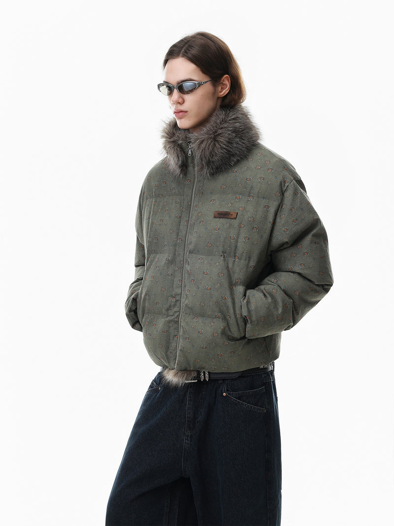 Floral Print Puffer Jacket with Faux Fur Collar – Cropped Fit Men's Winter Coat
