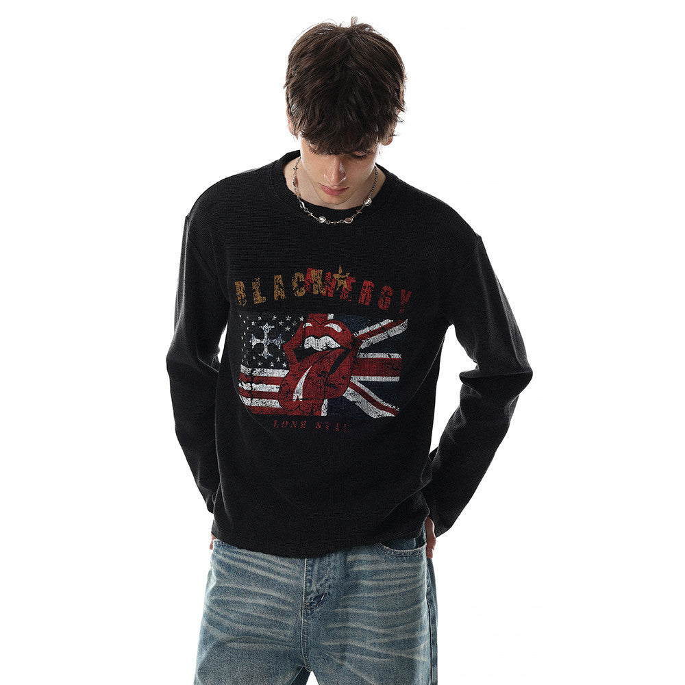 Long Sleeve Waffle Knit Graphic Tee – US & UK Flag Rock Print