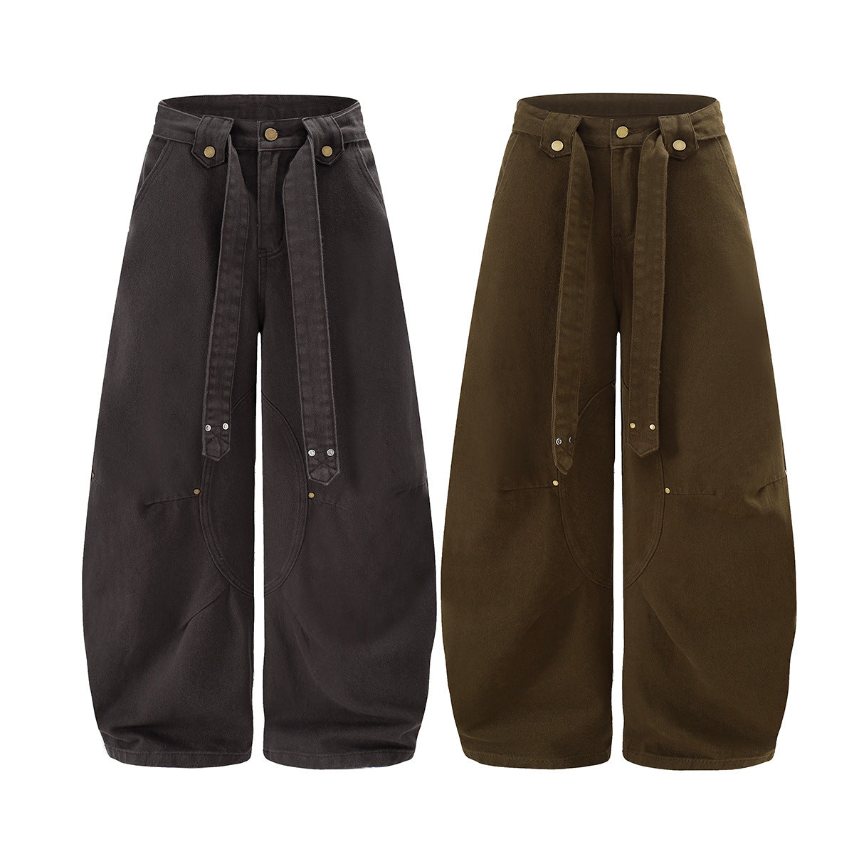 Wide-Leg Barrel Pants with Belt Strap, Pleated High-Waist Washed Casual Trousers