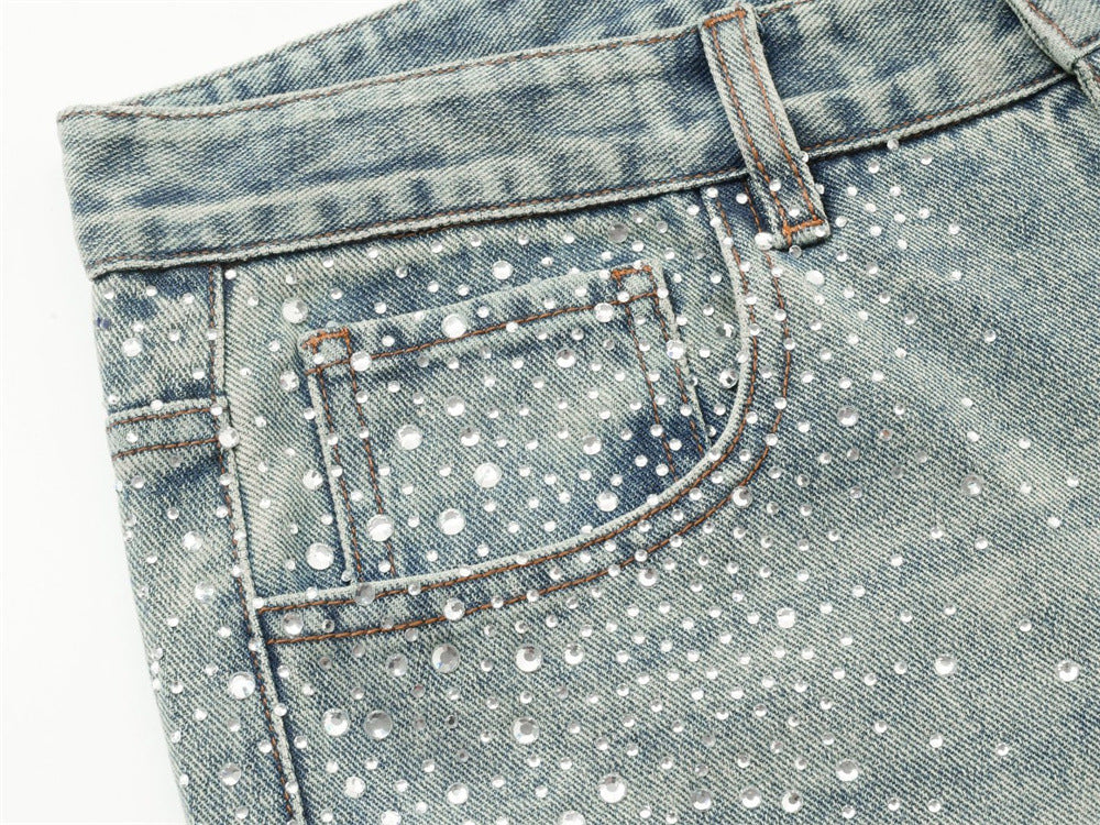 Men's Straight Leg Jeans with All-Over Rhinestone Embellishment – Wide Leg