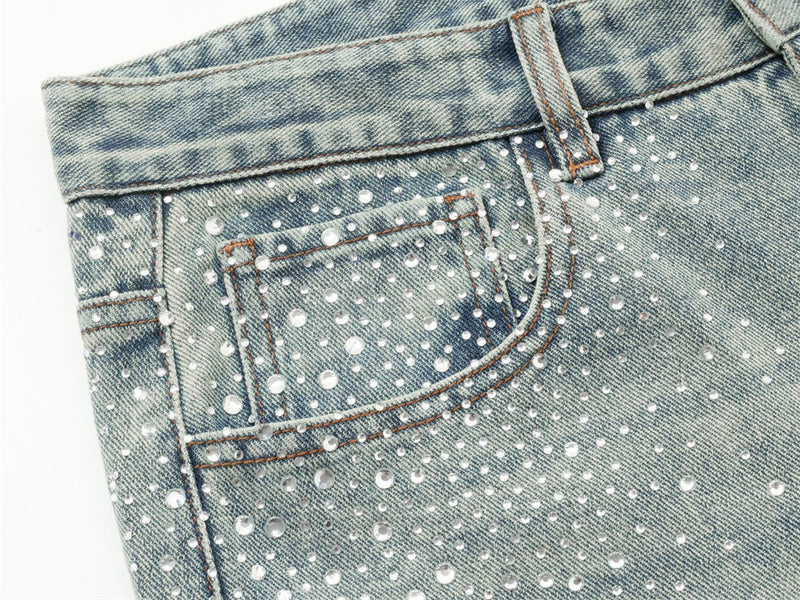 Men's Straight Leg Jeans with All-Over Rhinestone Embellishment – Wide Leg