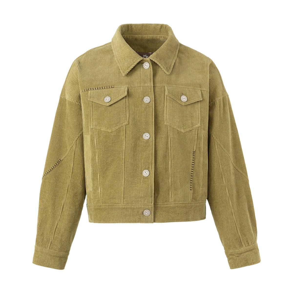Corduroy Trucker Jacket — Oversized Fit, Floral-Lined, Olive Green