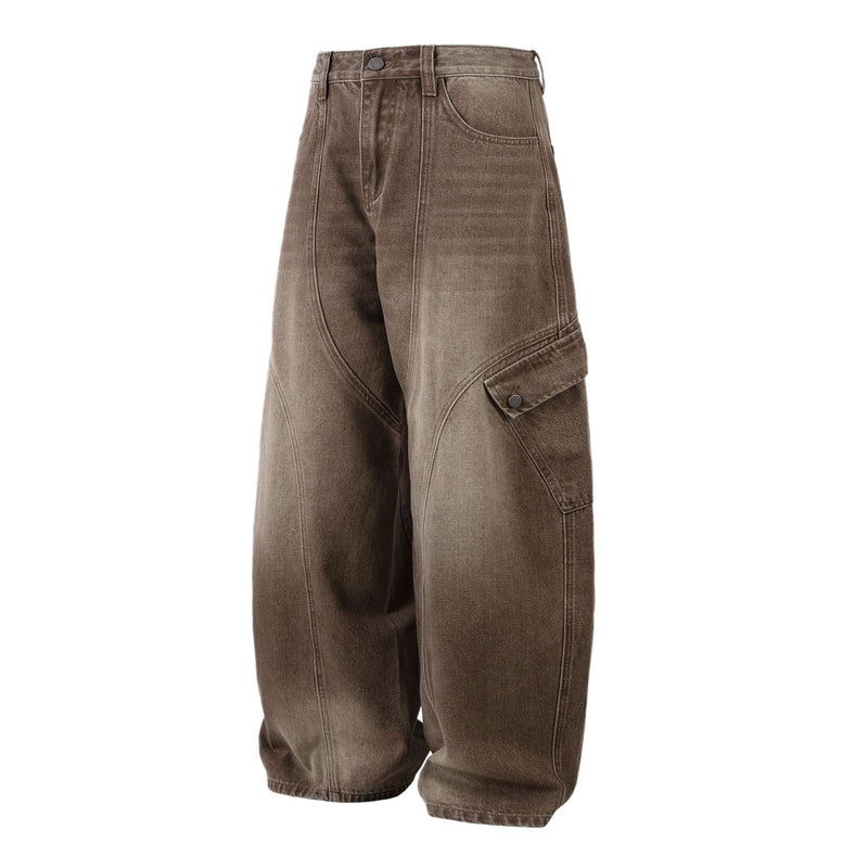 Jean cargo baggy taille haute – Denim marron délavé à jambes larges et coutures courbes
