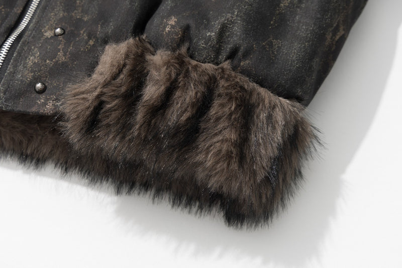 Men's Faux Fur Trim Biker Jacket – Vintage Distressed Leopard Print