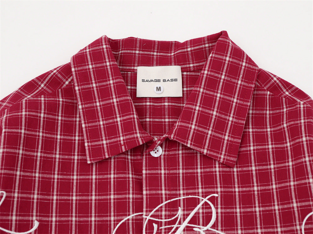 Plaid Long Sleeve Shirt – Savage Base Script Embroidery, Relaxed Fit