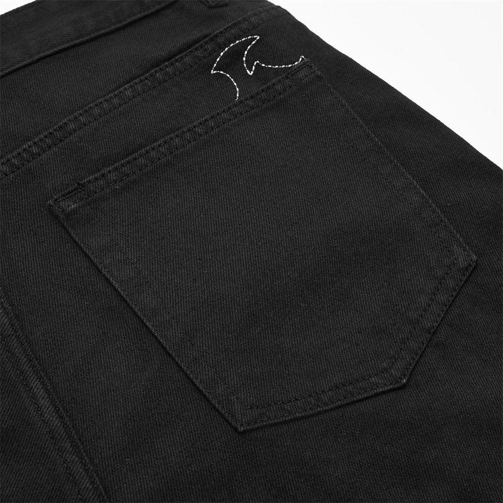 Schwarze Wide-Leg-Hose für Herren – Flammen- und Sternstickerei mit Nieten, gerade geschnitten