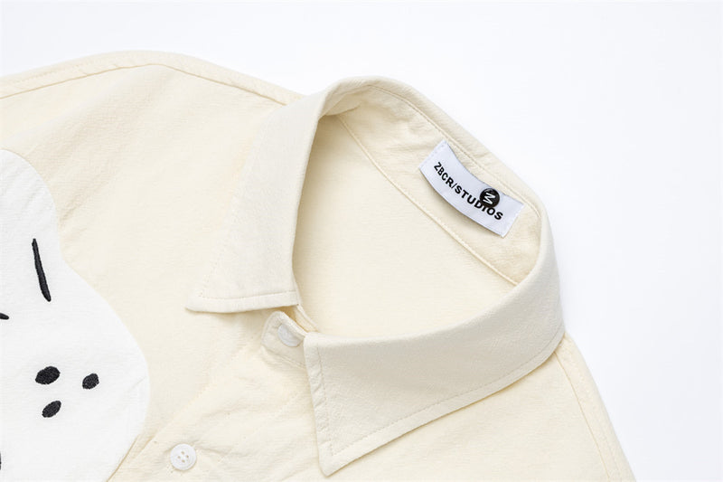 Chemise oversize boutonnée à manches longues, colorblock chien cartoon – Coupe décontractée
