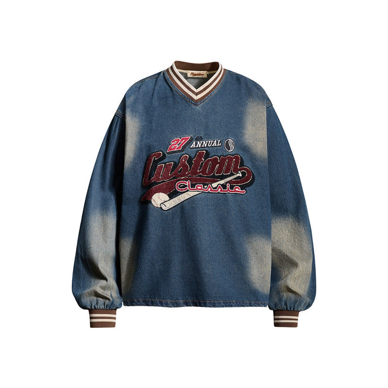 Vintage Washed Denim Sweatshirt – V-Neck Baseball Embroidery Oversized Pullover