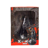 The Berserk Guts Brand Marked Bloodstained Version action figure, a 21 cm PVC statue, stands in armor with a large sword visible through the box&