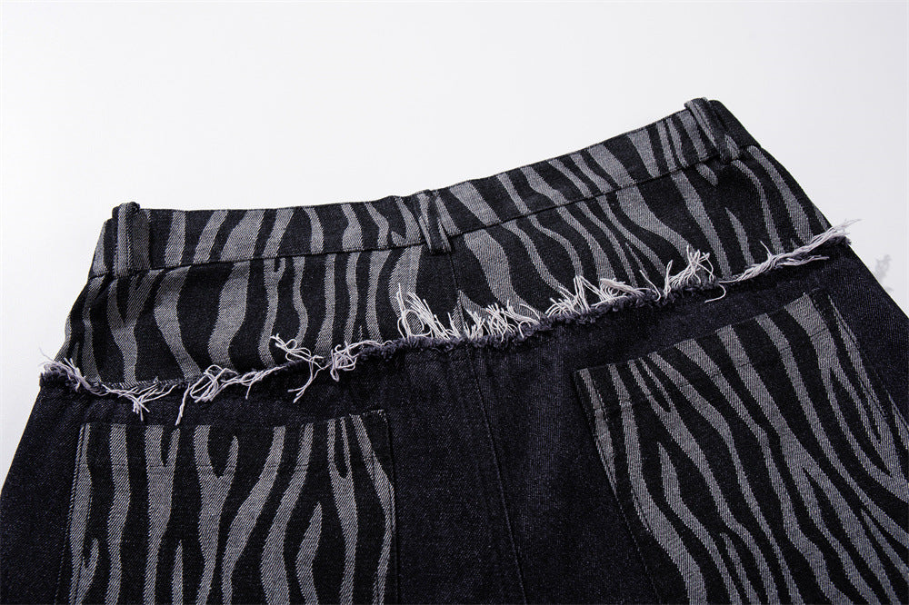 Wide-Leg Zebra Print Patchwork Jeans – Dark Wash Denim with Raw-Edge Waistband