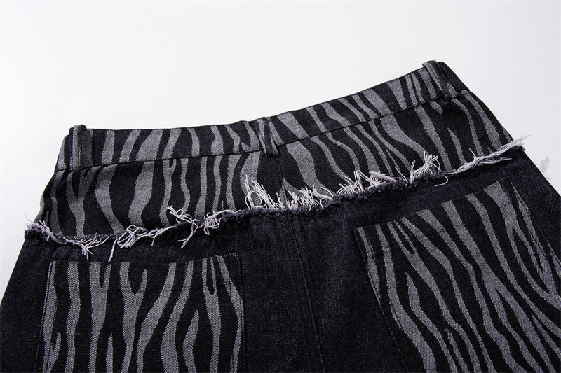 Wide-Leg Zebra Print Patchwork Jeans – Dark Wash Denim with Raw-Edge Waistband
