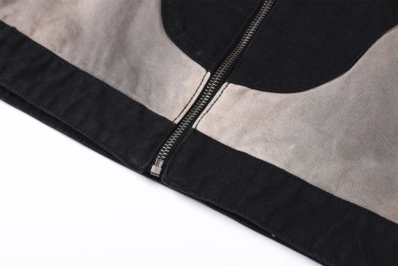Abstrakte Patchwork-Reißverschlussjacke – Zweifarbig in Schwarz und gewaschenem Grau, verkürzte Harrington-Jacke