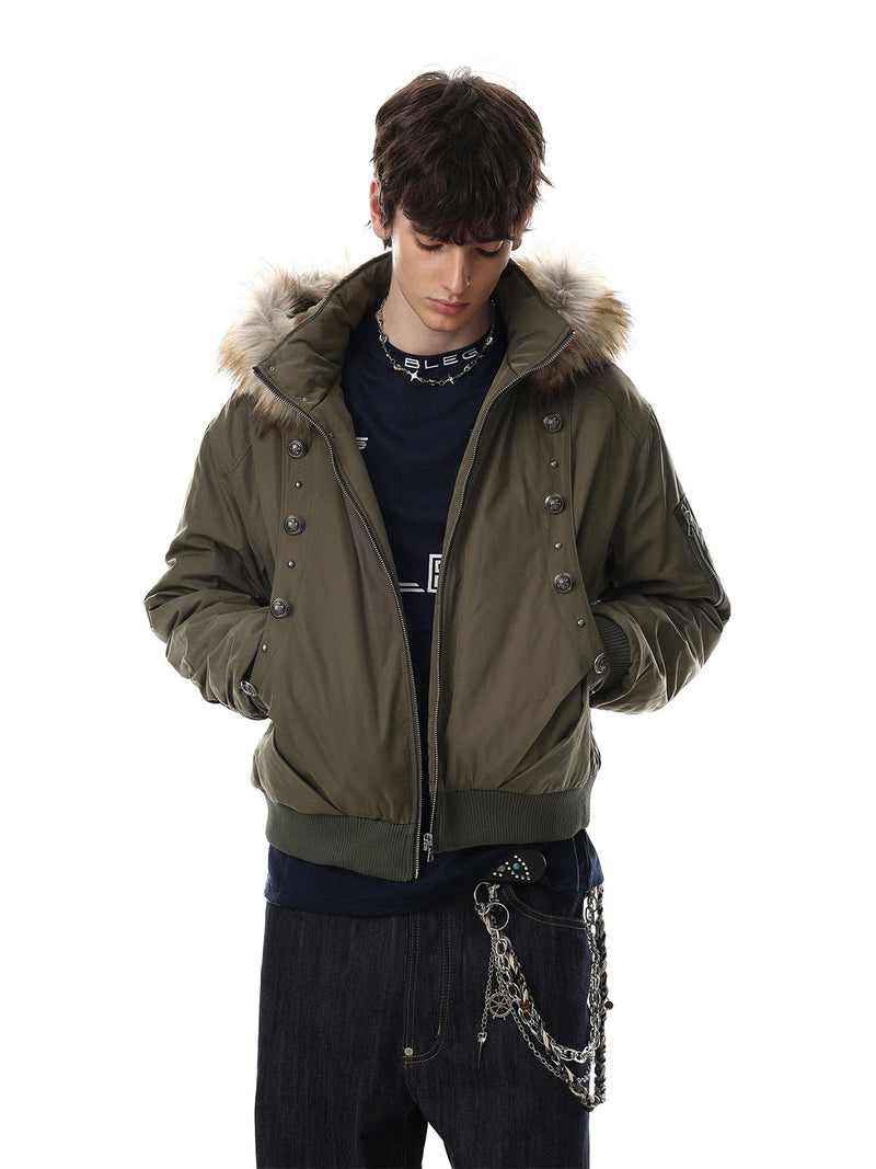 Fur-Trim Hood Bomber Jacket – Padded Winter Flight Coat with Double-Breasted