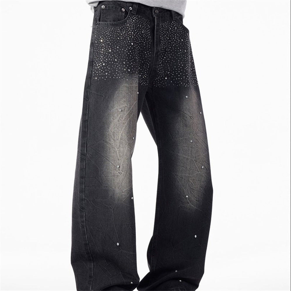 Men's Wide-Leg Baggy Jeans – Washed Black Rhinestone Embellished Denim
