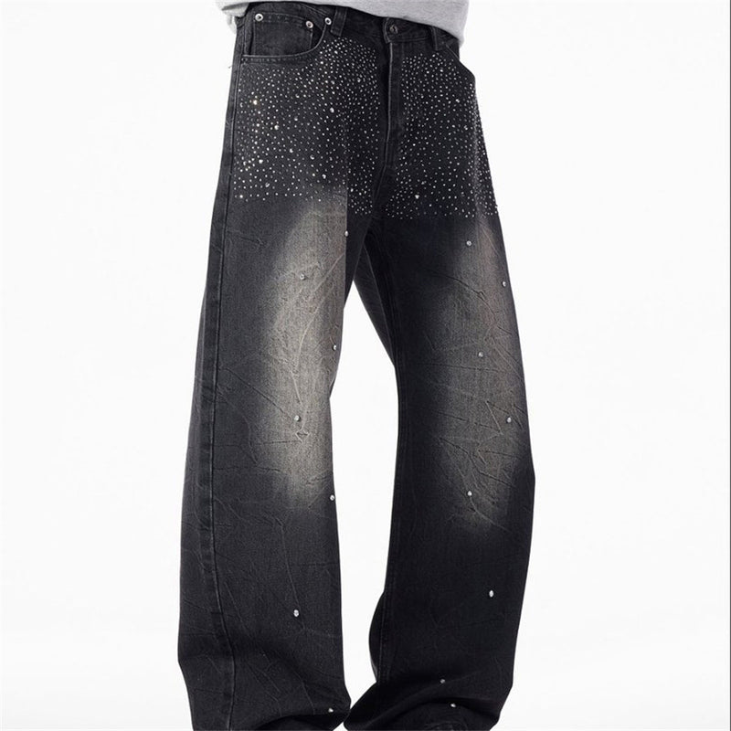 Men's Wide-Leg Baggy Jeans – Washed Black Rhinestone Embellished Denim