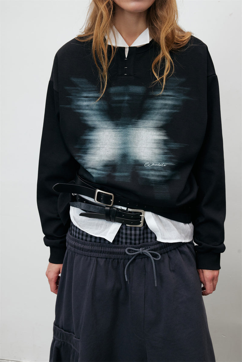 Oversized Butterfly Blur Graphic Long Sleeve Sweatshirt – Relaxed Fit Henley