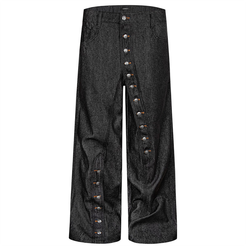 Men's Black Baggy Wide-Leg Jeans with Diagonal Button Fly