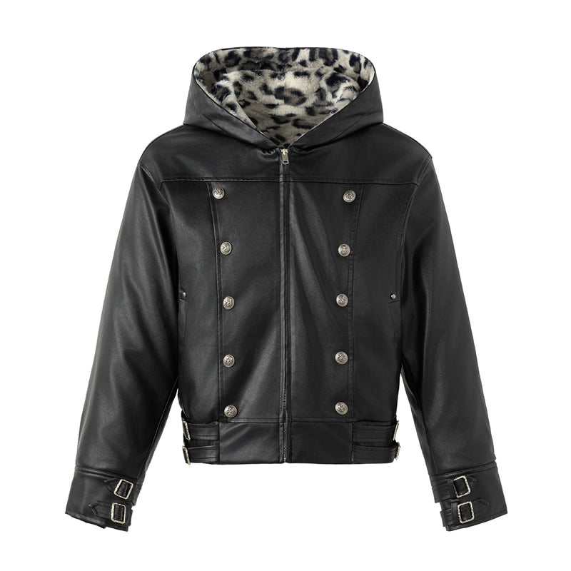 Schwarze Kunstlederjacke mit Kapuze – zweireihig mit Kapuze aus Leoparden-Kunstfell