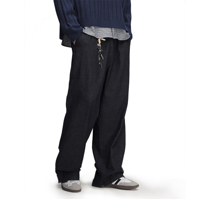 Wide-Leg Straight Casual Pants for Men — Relaxed Fit Pleated Denim Trousers