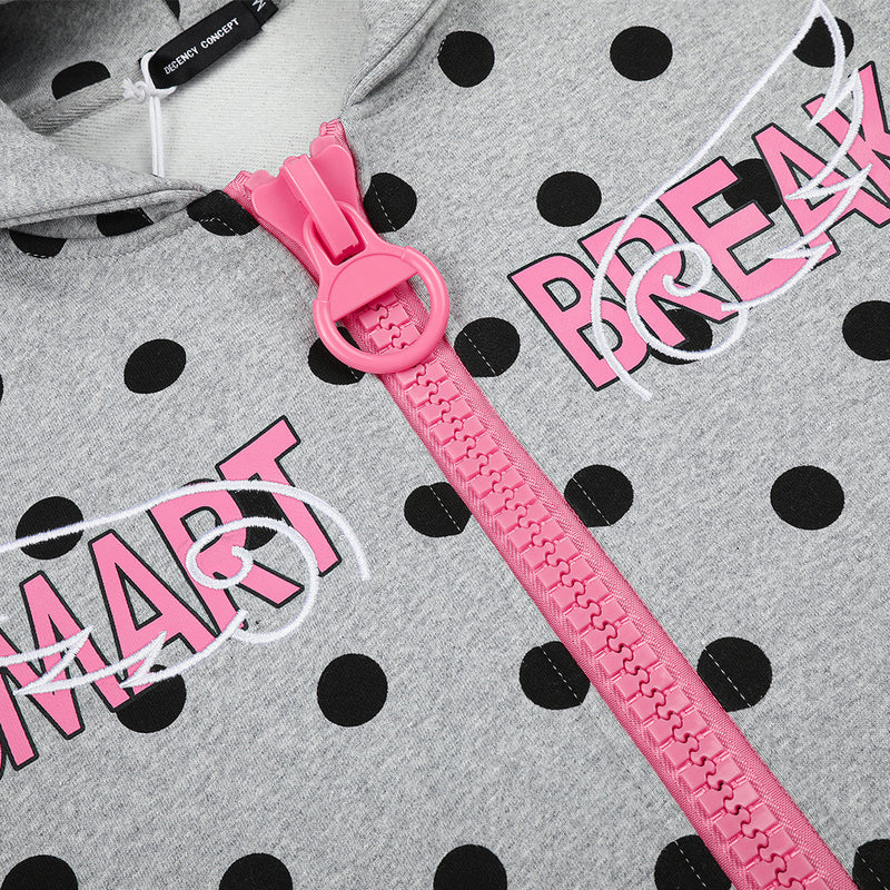 Polka Dot Zip-Up Hoodie with Embroidered Graphic – Cropped Streetwear Sweatshirt