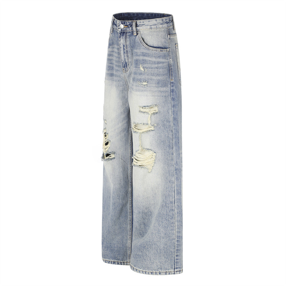 Wide-Leg Distressed Jeans – Men's Light Wash Ripped Straight-Fit Denim