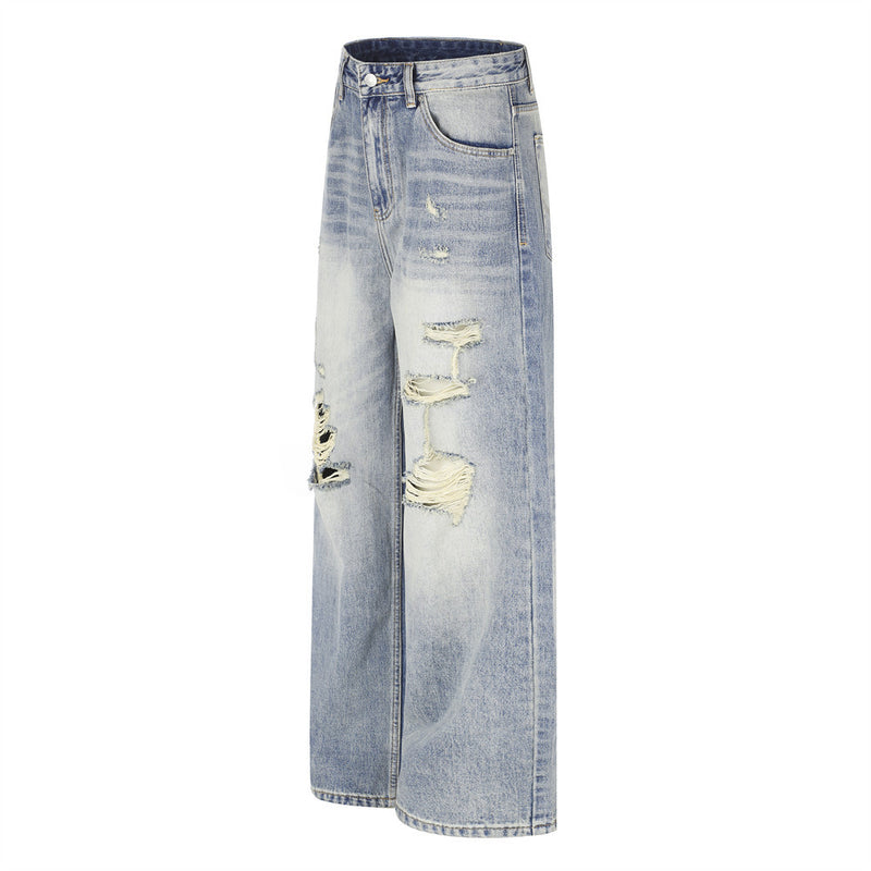 Wide-Leg Distressed Jeans – Men's Light Wash Ripped Straight-Fit Denim
