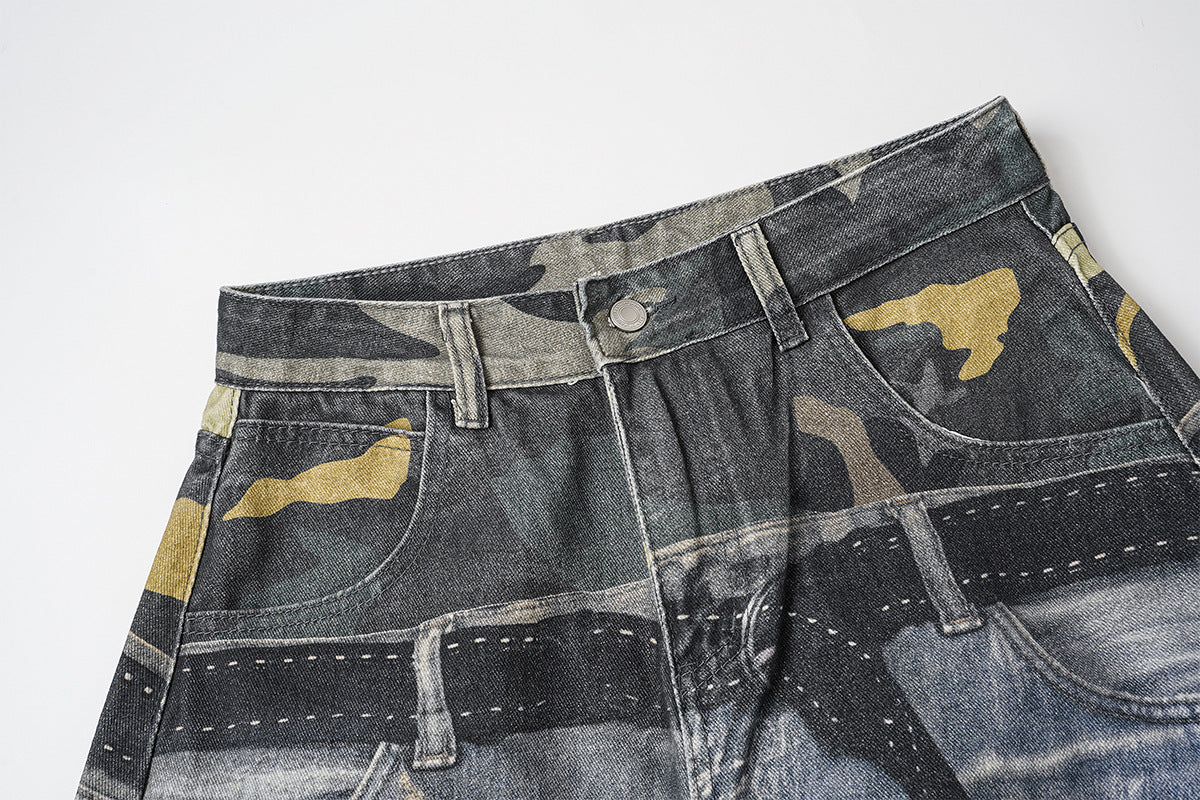 Baggy Wide-Leg-Jeans – Camouflage-Patchwork, Distressed-Denim, Nähte mit Nieten & Gürtel