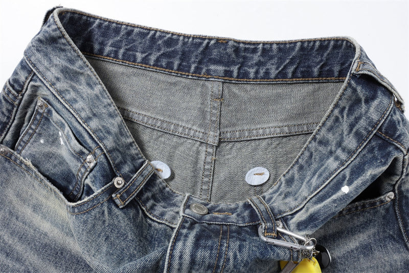 Wide-Leg Baggy Jeans – Vintage Wash, Paint Splatter & Distressed Hem