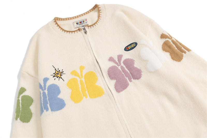 Jacquard-Strick-Cardigan mit Schmetterlingen und Reißverschluss – Colourblock-Streetwear-Pullover