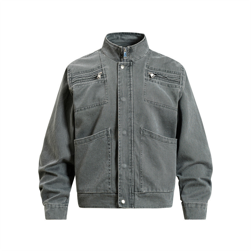 Men's vintage washed denim workwear jacket with stand collar, zip chest pockets, and large patch pockets in charcoal grey