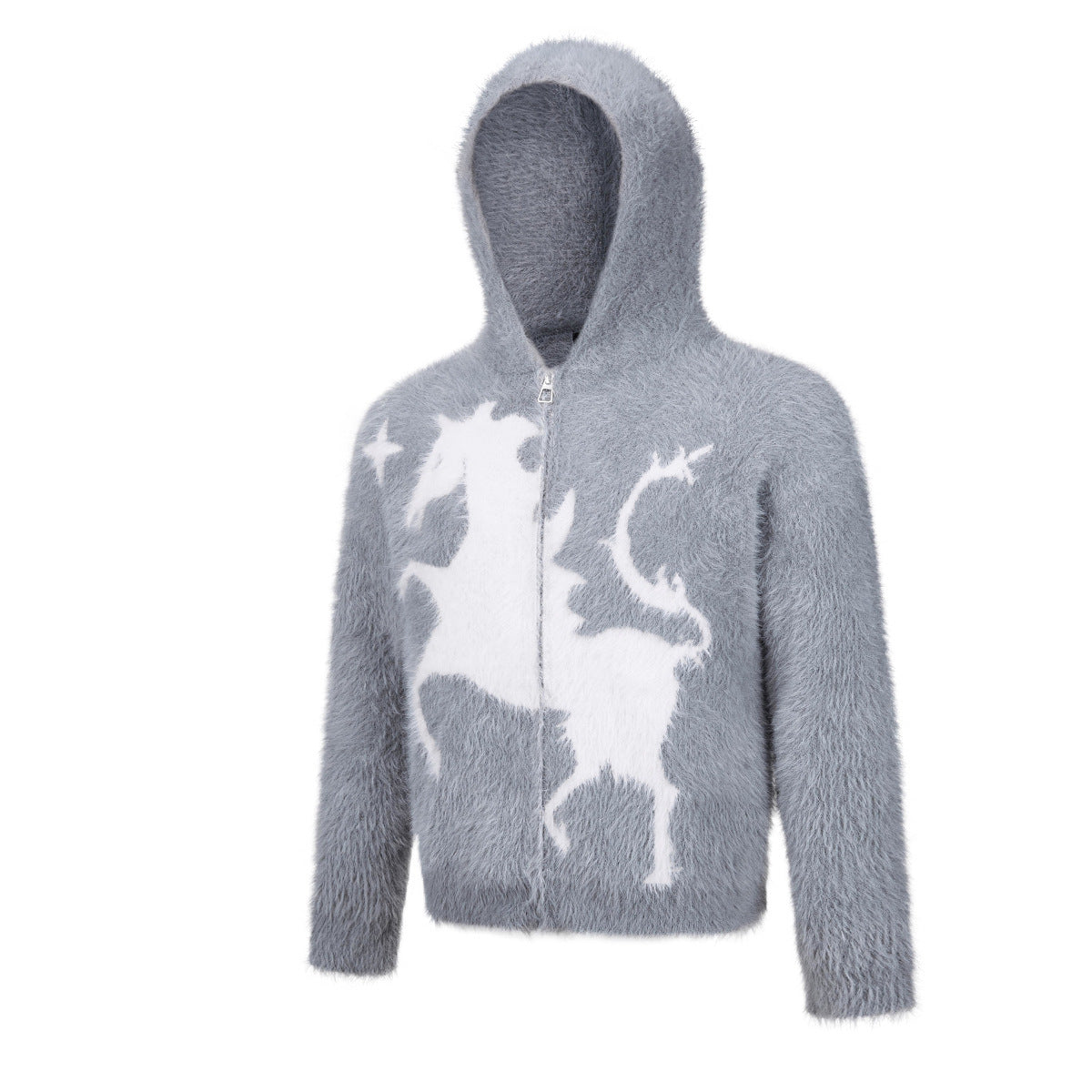 Sweat à capuche zippé en maille duveteuse – Motifs licorne et étoiles