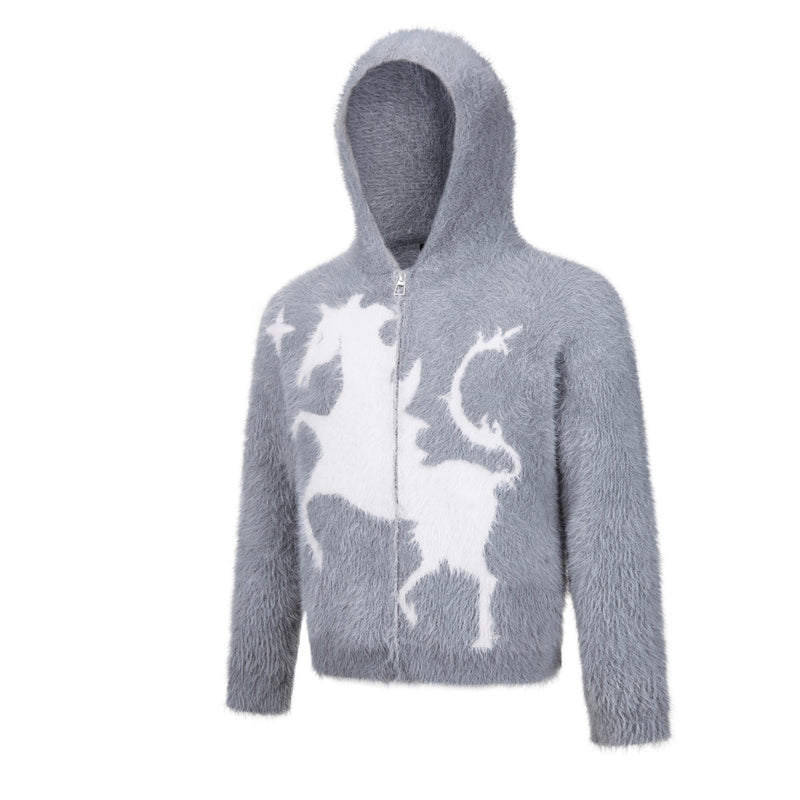 Sweat à capuche zippé en maille duveteuse – Motifs licorne et étoiles