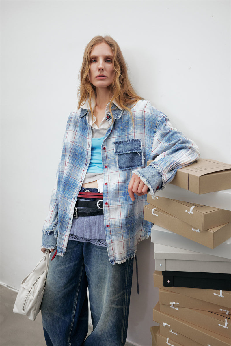Oversized Washed Plaid Long Sleeve Shirt with Denim Patch Detail