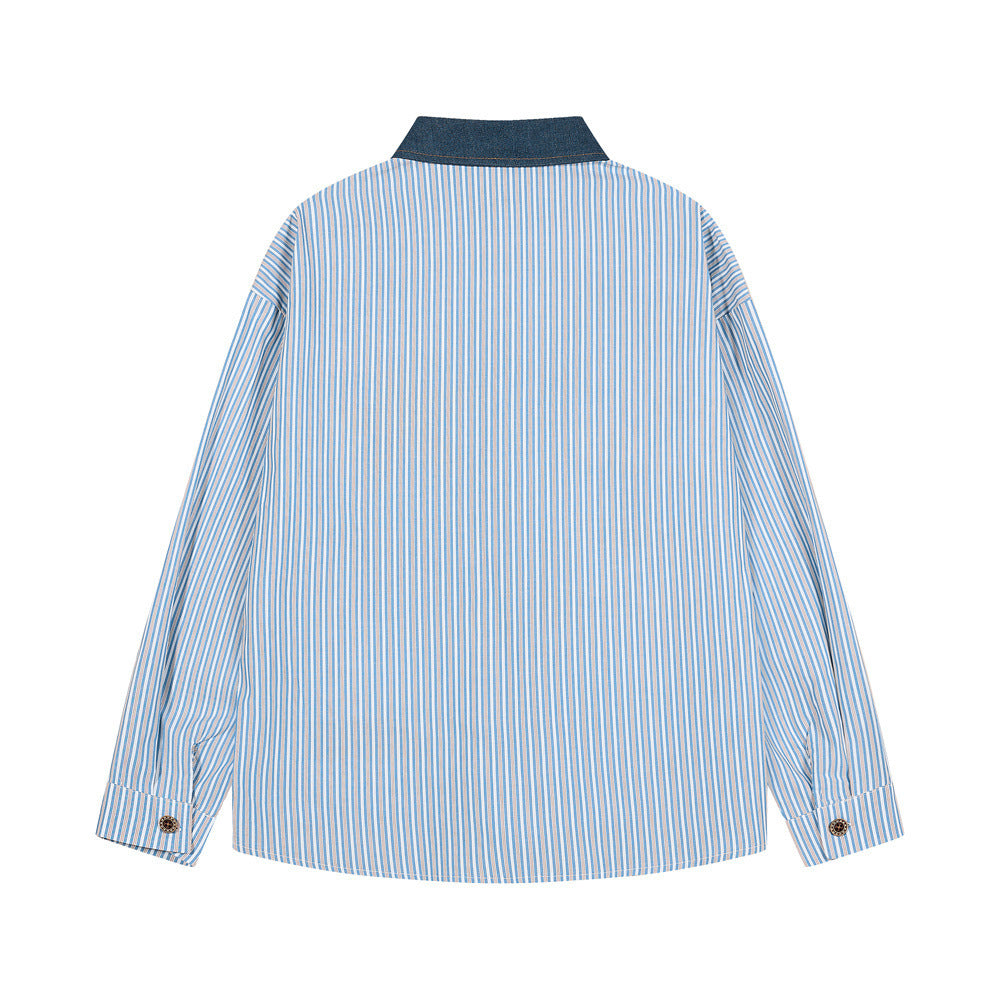 Blue Striped Button-Down Shirt with Beach Embroidery & Denim Collar