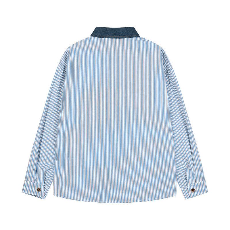 Blue Striped Button-Down Shirt with Beach Embroidery & Denim Collar