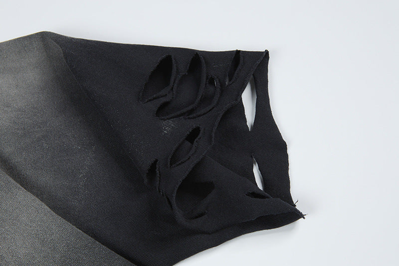 ダメージグラデーション半袖Tシャツ｜ウォッシュドブラック 裾カットオフ ストリートウェア
