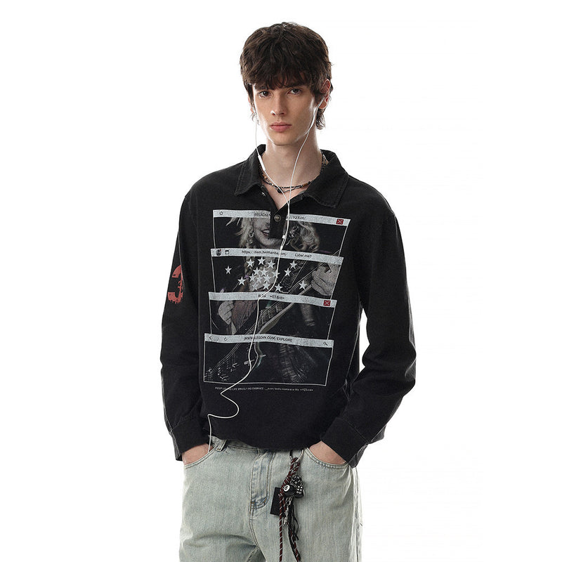Male model wearing black long sleeve polo shirt with front graphic print and light jeans