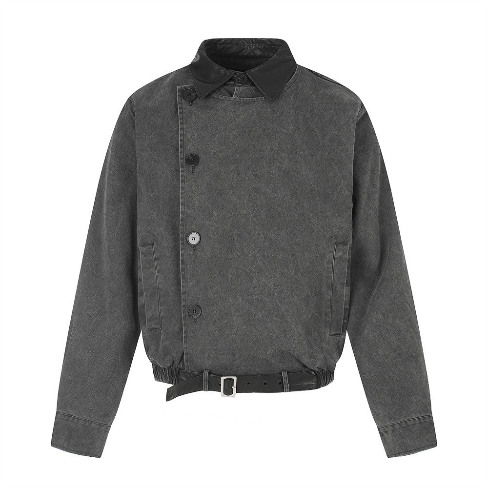 Moto-Inspired Workwear Jacket – Irregular Button Placket, Contrast Collar