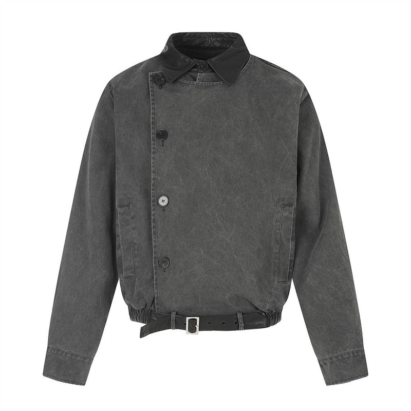 Moto-Inspired Workwear Jacket – Irregular Button Placket, Contrast Collar