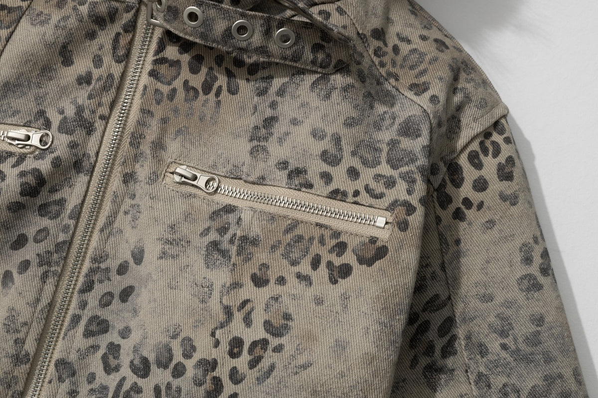 Men's Leopard Print Padded Jacket with Faux Fur Collar & Trim