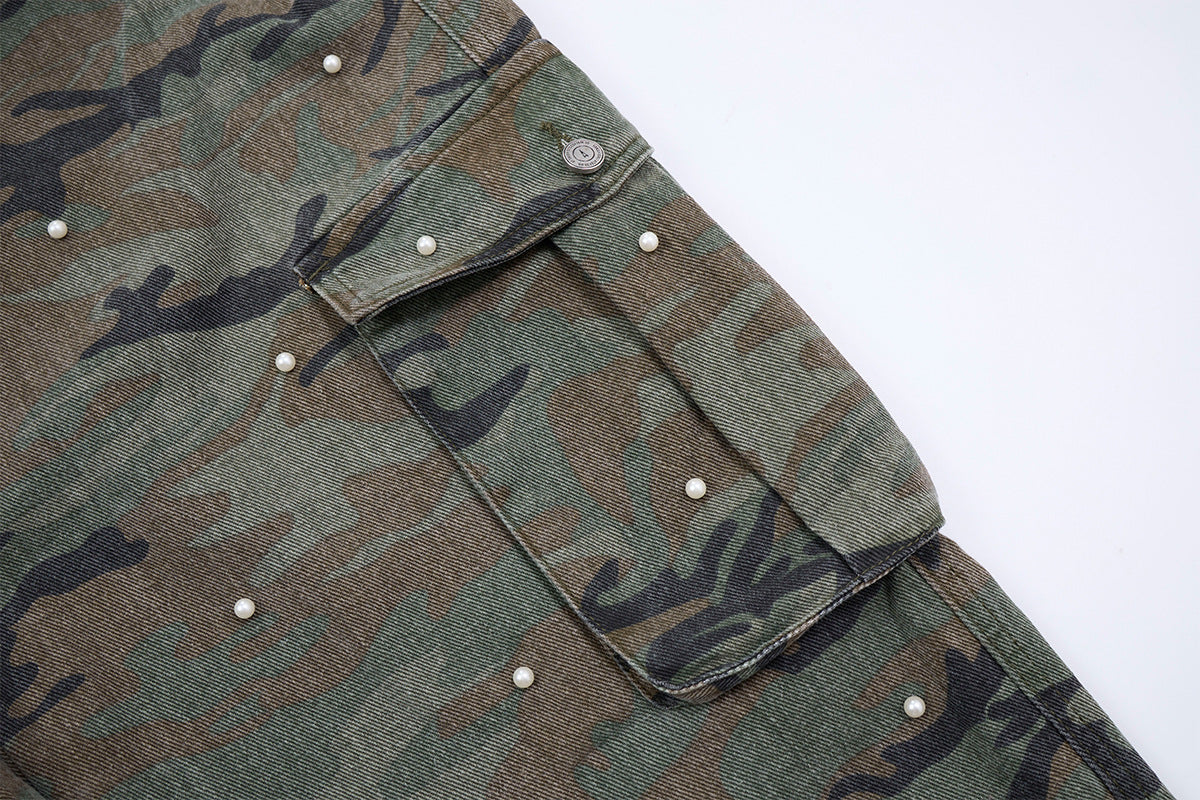 Camo Pearl Stud Cargo Pants – Wide-Leg Washed Denim Camouflage Trousers