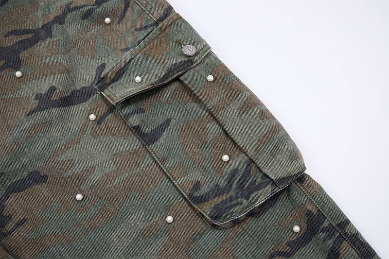 Camo Pearl Stud Cargo Pants – Wide-Leg Washed Denim Camouflage Trousers