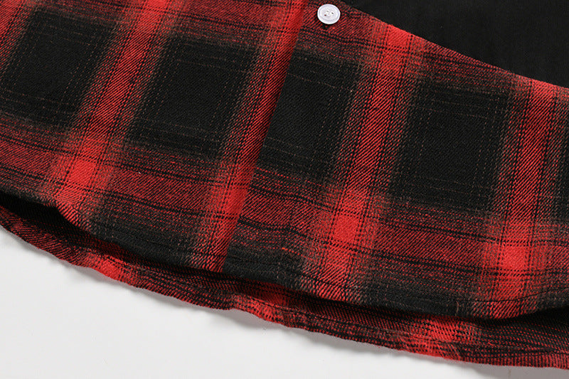Plaid Patchwork Long Sleeve Shirt – Oversized Fit with Portrait Graphic Print
