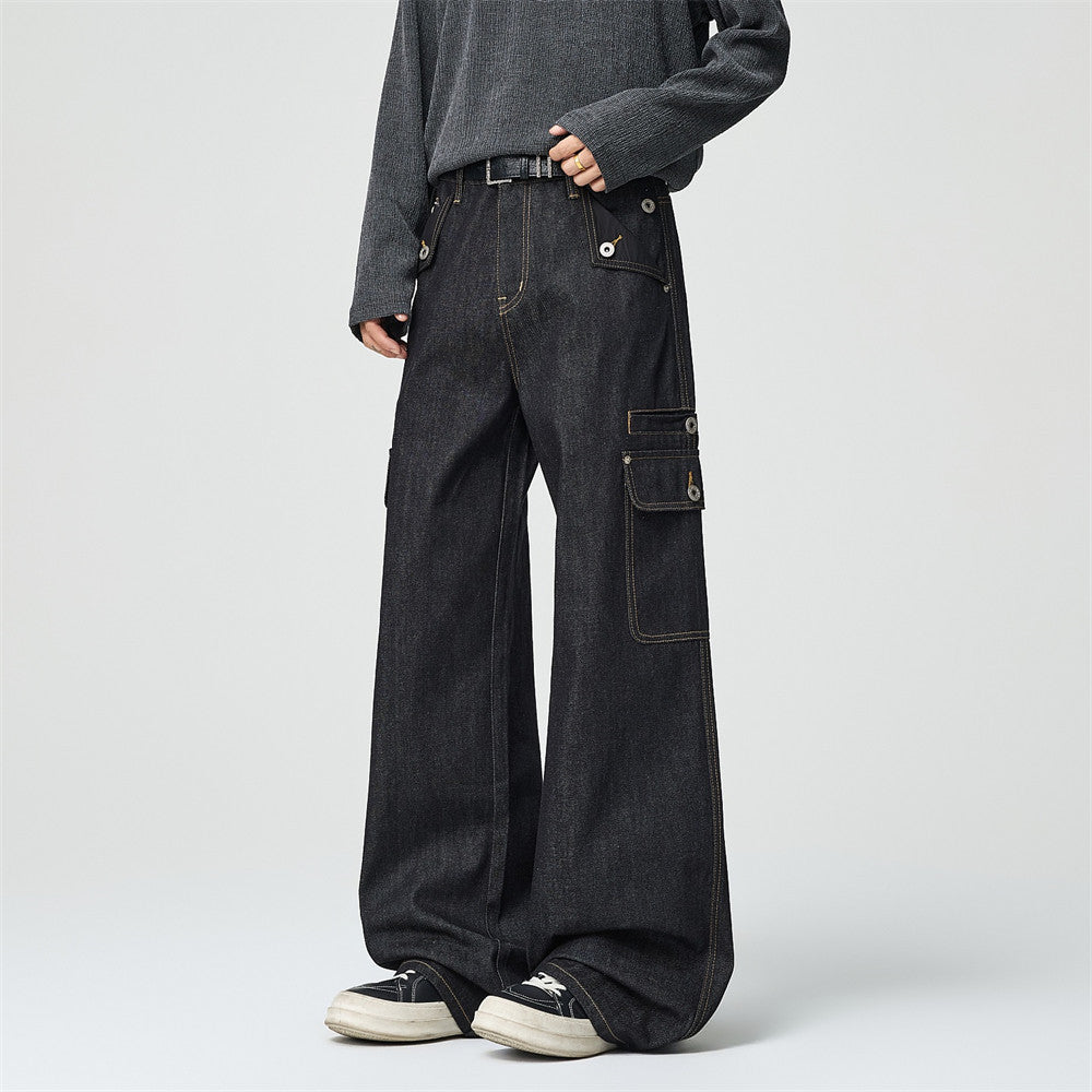 Men's Black Cargo Denim Jeans Wide-Leg Straight Fit with Large Pockets