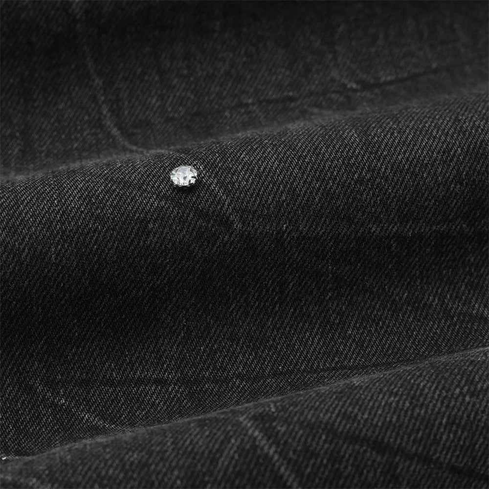 Men's Wide-Leg Baggy Jeans – Washed Black Rhinestone Embellished Denim