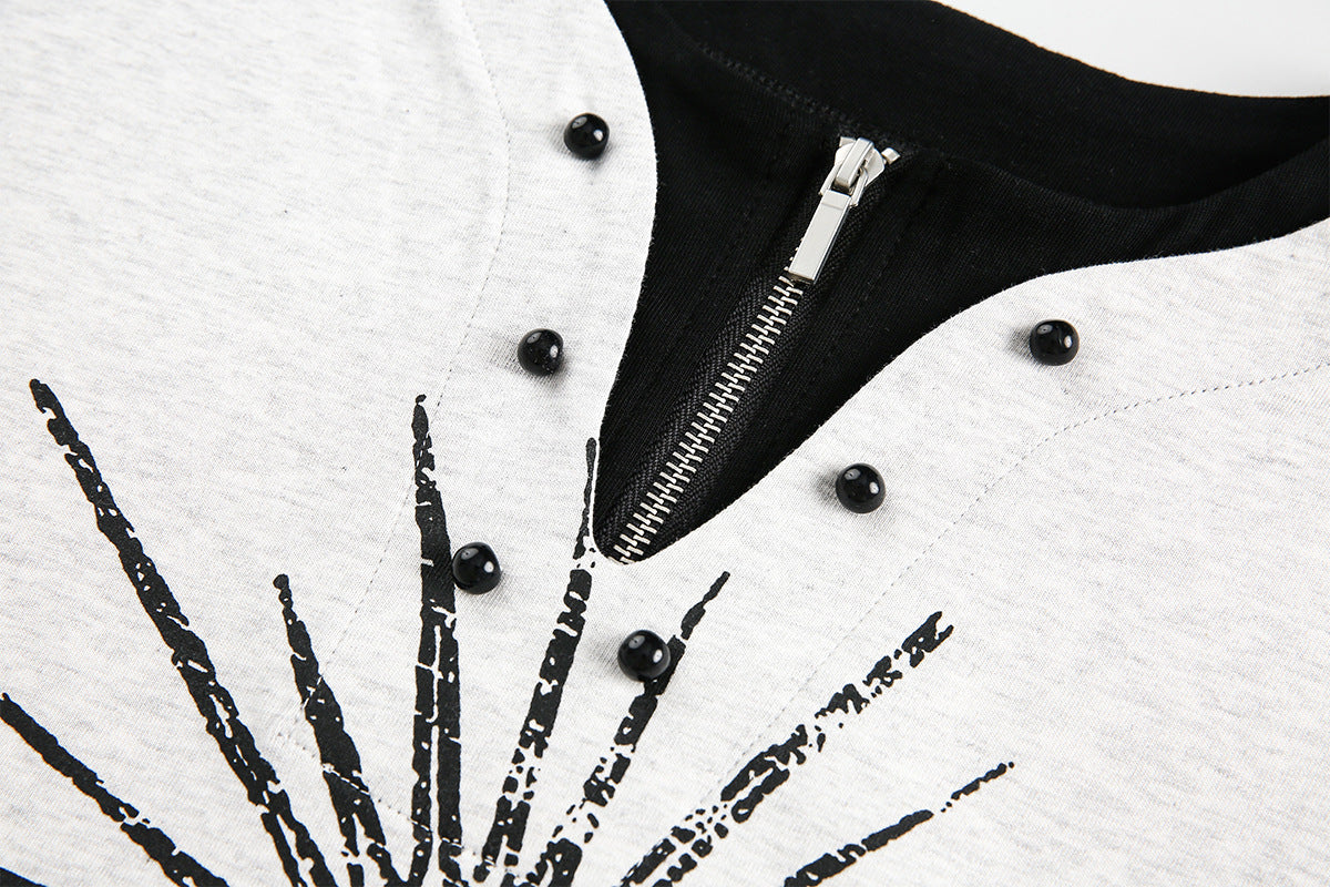 T-shirt graphique manches longues avec col zippé à rivets – Imprimé Black Energy CHN