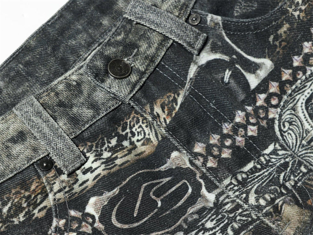 Baggy Wide-Leg Jeans – Paisley Graphic Waistband, Acid-Washed Grey Denim