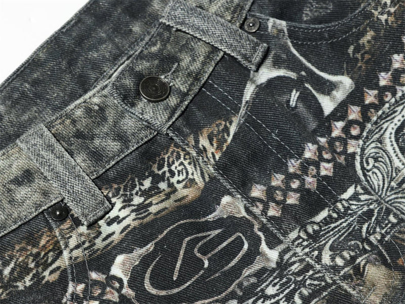 Baggy Wide-Leg Jeans – Paisley Graphic Waistband, Acid-Washed Grey Denim