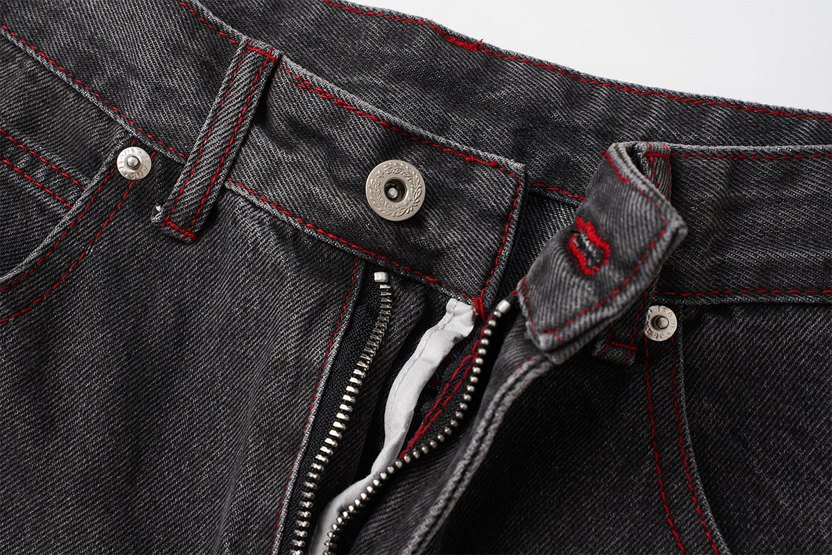 Wide-Leg Jeans Washed Black Gothic Wing Print with Red Contrast Stitching